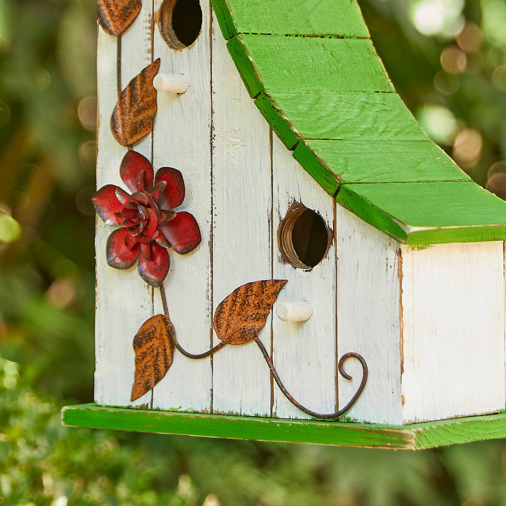 Glitzhome® 13" White Distressed Wood Birdhouse with Green Roof